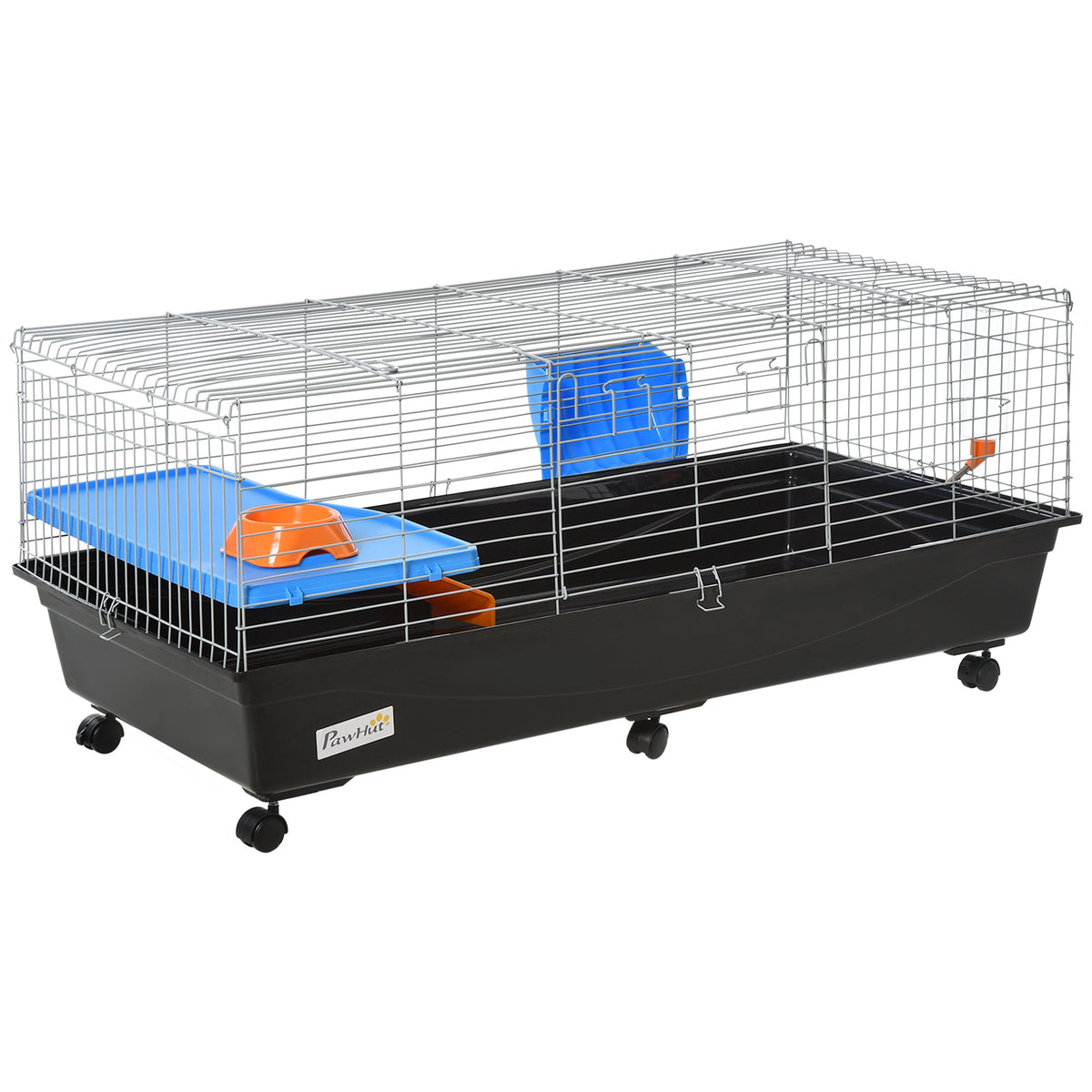 PawHut Small Animal Cage Rabbit Guinea Pigs Chinchillas Cage w/ Wheels Water Bottle Food Dish Platform Ramp 119 x 59 x 50 cm Black