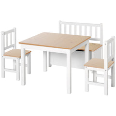 HOMCOM 4-Piece Kids Table and Chair Set with 2 Wooden Chairs, 1 Storage Bench, and Interesting Modern Design, Beige/White