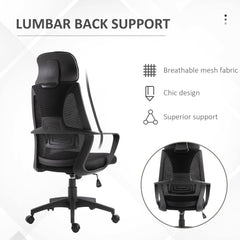 Vinsetto Ergonomic Office Chair, High Back Computer Chair, Mesh Desk Chair with Lumbar Support, Headrest, Wheel, Adjustable Height, Black