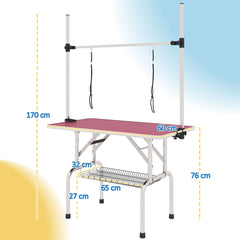 طاولة العناية بالكلاب من PawHut مقاس 42 بوصة، طاولة تجفيف القطط الأليفة القابلة للتعديل مع سلة تخزين ذات حلقتين، سطح مطاطي، وردي