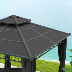 Outsunny 3 x 3 (m) Outdoor Polycarbonate Gazebo, Double√Ç Roof Hard Top Gazebo with√Ç Galvanised Steel Frame, Nettings√Ç &√Ç Curtains for Garden, Lawn, Patio and Deck, Dark Grey