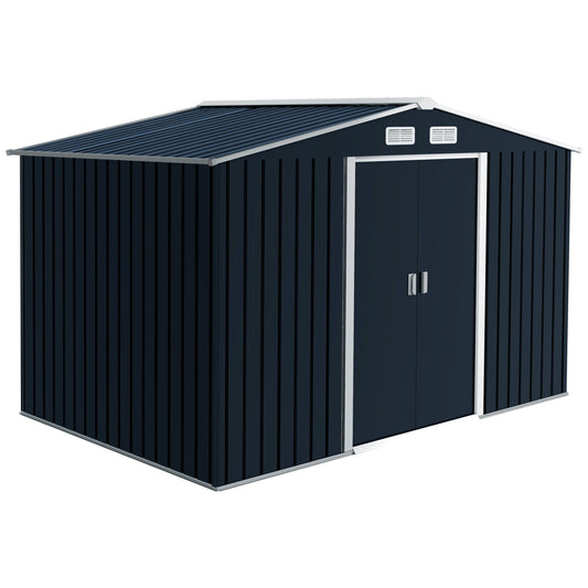 Outsunny 9 x 6ft Metal Bicycle Shed, Outdoor Storage Tool House with Ventilation Slots, Foundation Kit and Lockable Double Doors, Dark Grey