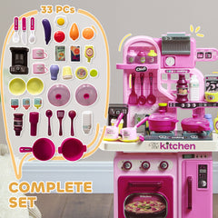 AIYAPLAY Kids Kitchen with 33 Pieces, Lights, Sounds, Storage, for Ages 3-6 Years, Pink