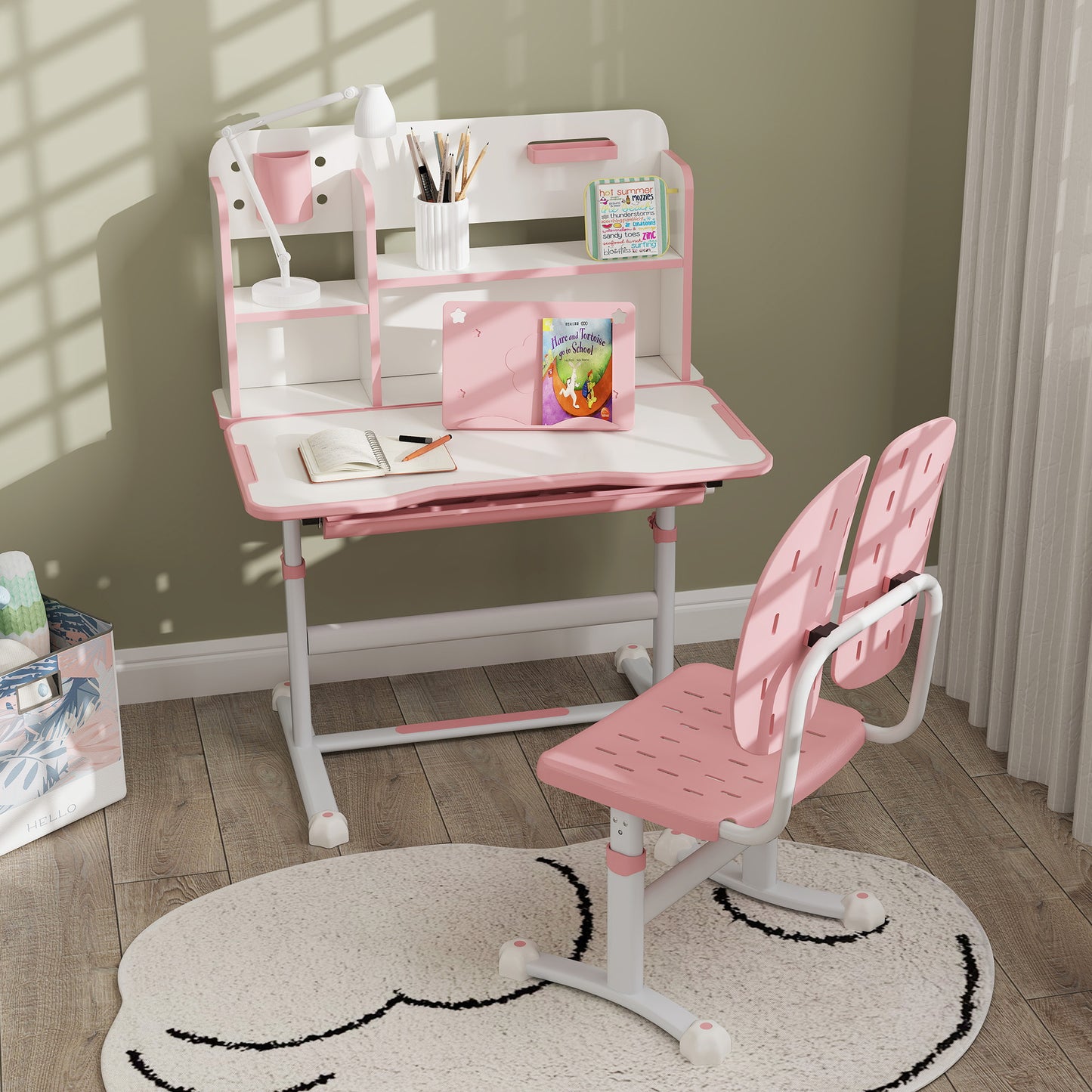 AIYAPLAY Height Adjustable Kids Desk and Chair Set, Children School Study Desk with Tiltable Desktop, Reading Rack, Pink