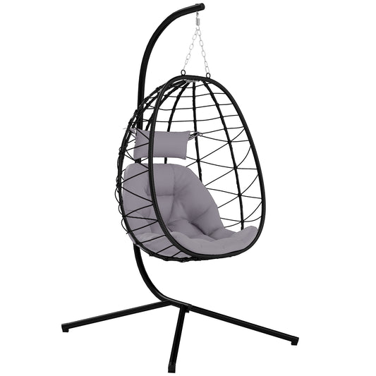 Outsunny Hanging Egg Chair Outdoor Indoor Garden Swing Chair with Folding Basket, Thickened Cushion, Garden Hanging Chair with Stand, Headrest for Patio, Balcony, Grey