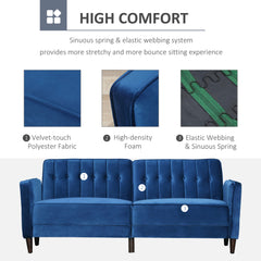 HOMCOM Modern 3 Seater Velvet Sofa Bed, Click Clack Sofa Bed, Button Tufted Sleeper Couch with Split Reclining Backrest and Rubber Wood Legs, Blue