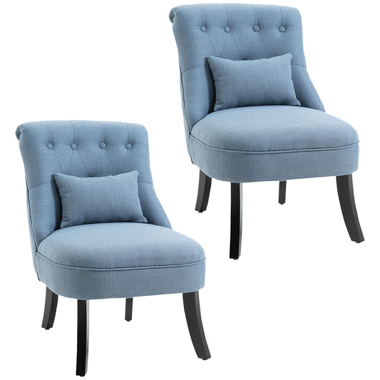 HOMCOM Fabric Single Sofa, Tub Chair, Upholstered Bedroom Chair with Pillow, Solid Wood Leg for Home, Living Room, Dining Room, Set of 2, Blue