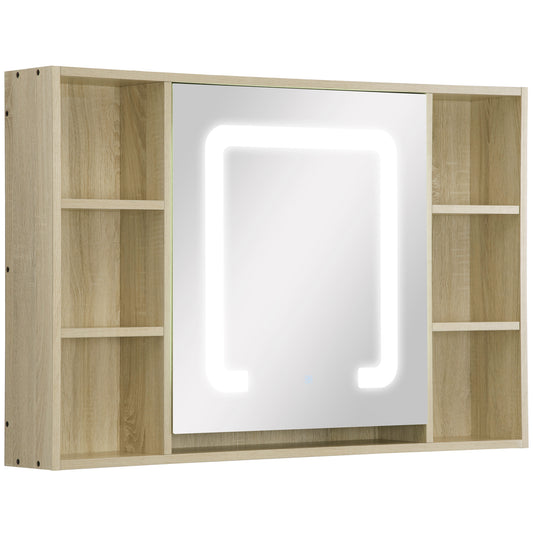 kleankin LED Bathroom Mirror Cabinet, Wall Mounted Dimmable Brightness Medicine Cabinet with Adjustable Shelf and Mirrored Door, Memory Function, USB Charge, Natural