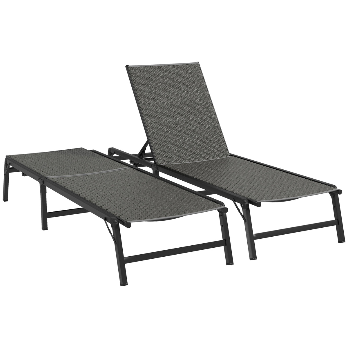 Outsunny Foldable Outdoor PE Rattan Sun Lounger Set of 2, Patio Wicker Recliners Lounge Chair w/ 5-Level Adjustable Backrest, for Poolside, Garden, Grey