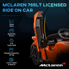 سيارة كهربائية للأطفال AIYAPLAY McLaren 765LT مرخصة بقوة 12 فولت مع أبواب على شكل فراشة وجهاز تحكم عن بعد وعجلات نقل، برتقالية