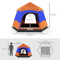 Outsunny Six Man Hexagon Camping Tent with Hang Hook and Carry Bag - Orange and Blue