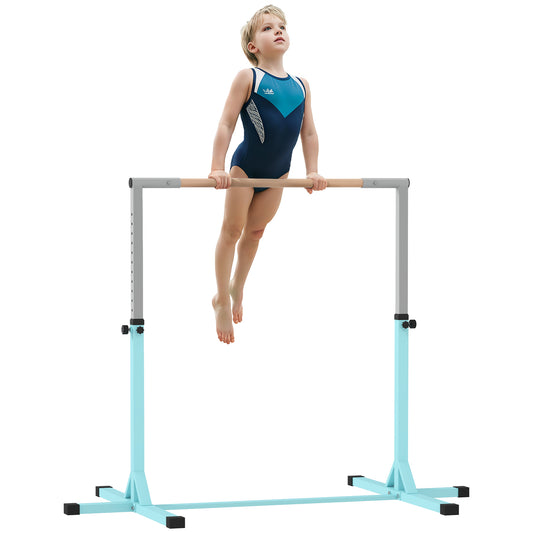 HOMCOM Height Adjustable Gymnastics Horizontal Bar for Kids, Children Junior Kip High Bar Fitness, Light Blue