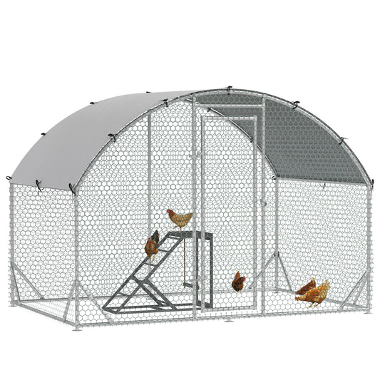 حظيرة دجاج PawHut Walk-In Chicken Run، حظيرة دجاج معدنية مع غطاء، قفص دواجن خارجي مع رف أنشطة الدجاج، للدجاج والأرانب والبط، 2.8 × 1.9 × 2 متر