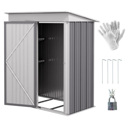 Outsunny Metal Garden Shed, Outdoor Lean-to Shed for Tool Motor Bike, with Adjustable Shelf, Lock, Gloves, 5'x3'x6', Grey