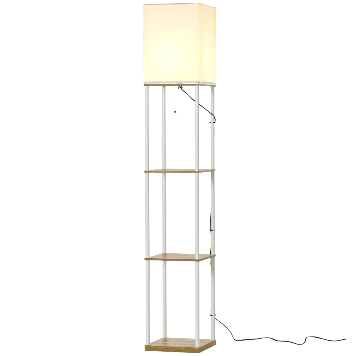 HOMCOM Modern Floor Lamp with Shelves, 3 Layer Shelf Tall Standing Lamp with Fabric Lampshade, Pull Chain Switch for Living Room, Bedroom, Bulb not Included, White