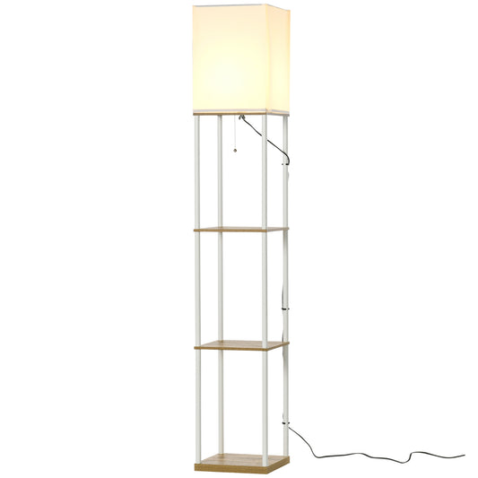 HOMCOM Modern Floor Lamp with Shelves, 3 Layer Shelf Tall Standing Lamp with Fabric Lampshade, Pull Chain Switch for Living Room, Bedroom, Bulb not Included, White