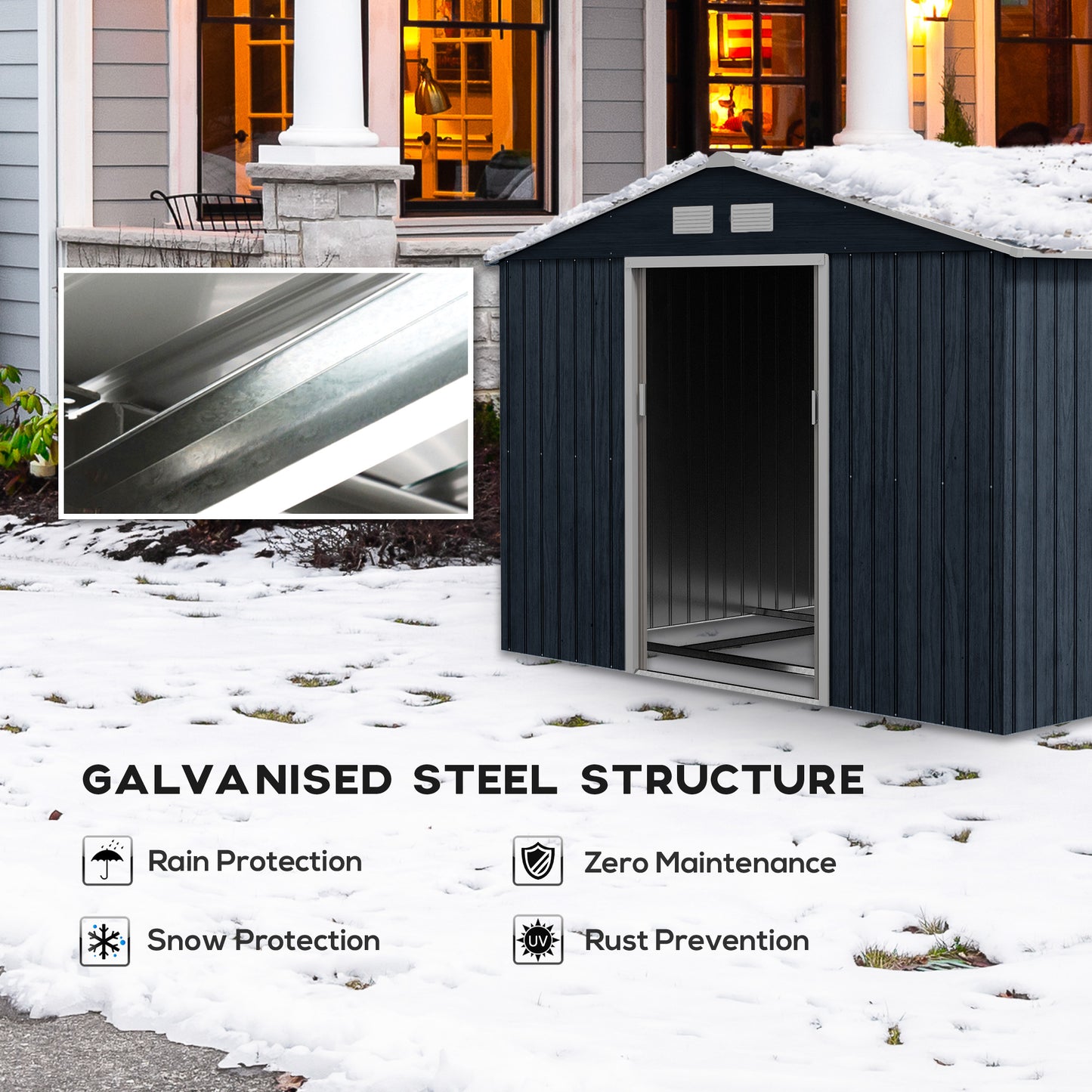 Outsunny 9 x 6ft Metal Bicycle Shed, Outdoor Storage Tool House with Ventilation Slots, Foundation Kit and Lockable Double Doors, Dark Grey