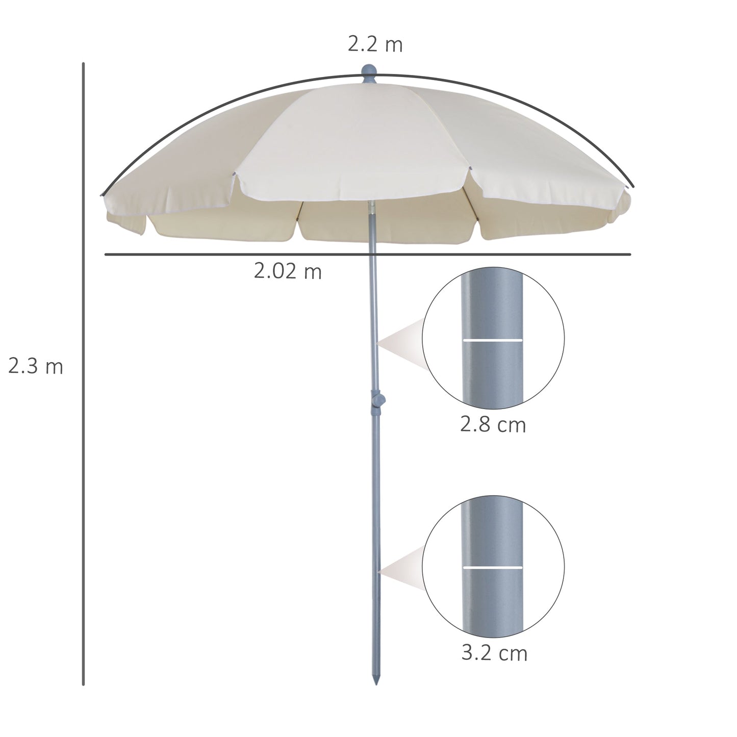 Outsunny 2.2m Beach Umbrella, Portable Parasol with Tilting Function, Outdoor Sunshade Shelter with 8 Ribs, Cream White