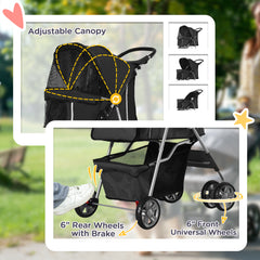 PawHut Pet Stroller for Small Miniature Dogs Cats Foldable Travel Carriage with Wheels Zipper Entry Cup Holder Storage Basket Black