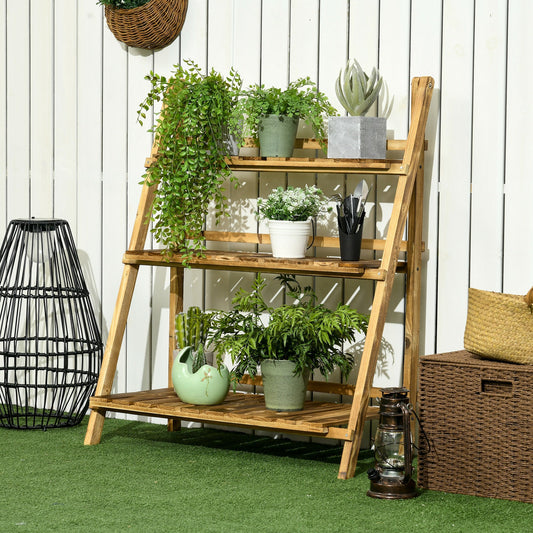 Outsunny Wooden Folding Flower Pot Stand 3 Tier Garden Planter Display Ladder Gardener Storage Shelves Rack Herb Holder (80L x 37W x 93H cm)