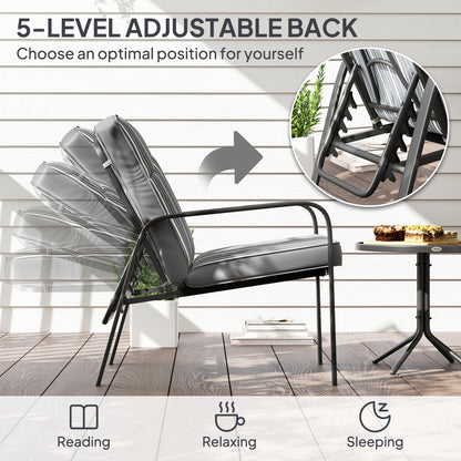 Outsunny 3-Piece Patio Bistro Set, 5-Position Adjustable Recliner Garden Chairs and Tempered Glass Table, Garden Furniture Set with Cushions, High Back, Armrests, Metal Frame for Balcony Patio, Grey