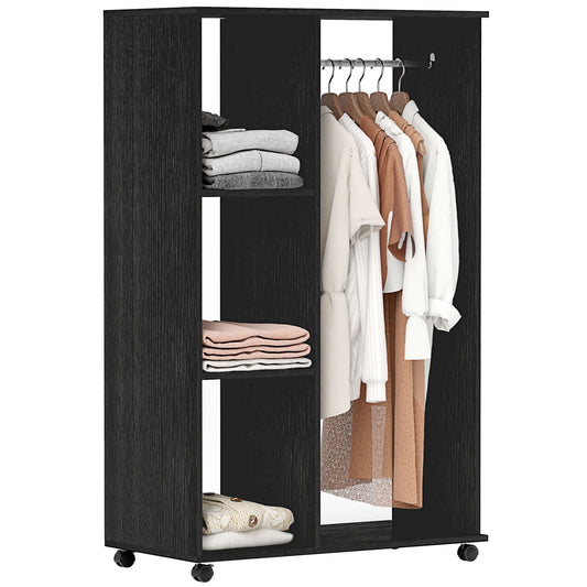 HOMCOM Open Wardrobe on Wheels with Clothes Rail, Bedroom Clothes Storage with Hanging Rod, 3 Storage Shelves, Mobile Garment Rack for Cloakroom, Hallway, Black