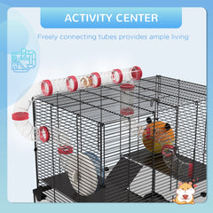 PawHut Gerbil Cage Dwarf Hamster Cage, with Deep Glass Bottom, Tunnels, Hut, Exercise Wheel, 60 x 40 x 57cm