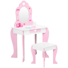 ZONEKIZ Kids Dressing table Set w/ Mirror, Stool, Drawer, Cute Patterns, for Ages 3-6 Years - Pink