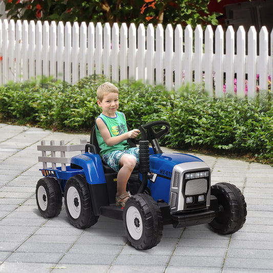 HOMCOM Ride On Tractor, Battery Powered Electric Car, with Detachable Trailer, Remote Control, Music - Blue