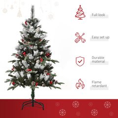 HOMCOM 4FT Artificial Snow Dipped Christmas Tree Xmas Pencil Tree Holiday Home Party Decoration with Foldable Feet Red Berries White Pinecones, Green