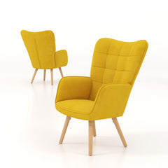 كرسي HOMCOM Modern Accent Chair بذراعين مبطن ومبطن بجناحين ومزين بلمسة مخملية مع أرجل خشبية، مجموعة من قطعتين، باللون الأصفر