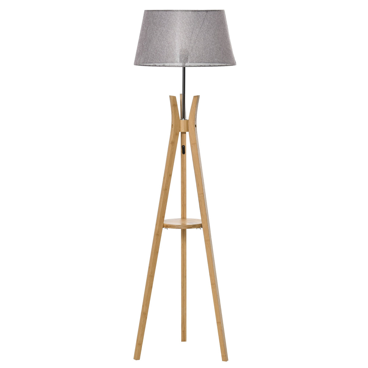 HOMCOM Natural Wood Tripod Floor Lamp Light E27 Base Bedroom Living Room Fabric Shade Storage Shelf Foot Switch, 156cm, Grey