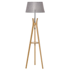 HOMCOM Natural Wood Tripod Floor Lamp Light E27 Base Bedroom Living Room Fabric Shade Storage Shelf Foot Switch, 156cm, Grey