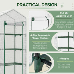 Outsunny 4 Tier Mini Greenhouse, Portable Compact Green House with Steel Frame, PE Cover, Roll-up Door, 70 x 50 x 160 cm, White