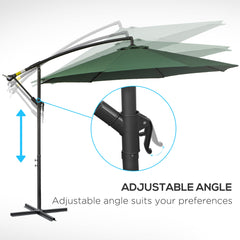 Outsunny 3(m) Banana Parasol Hanging Cantilever Umbrella with Crank Handle, 8 Ribs and Cross Base for Outdoor, Sun Shade, Dark Green