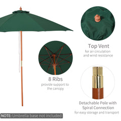 Outsunny 2.5m Garden Parasol Umbrella, Outdoor Market Table Umbrella with Wooden Pole & 8 Fibre Glass Ribs, Round Sun Shade Canopy, Green