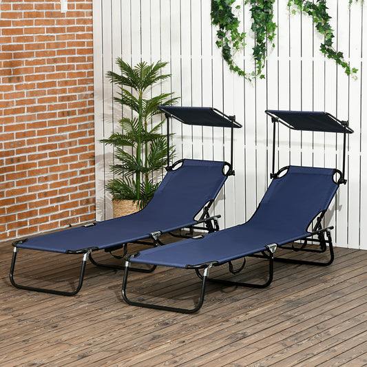 Outsunny Set of Two Folding Sun Loungers, with Adjustable Backs and Sun Canopies - Dark Blue