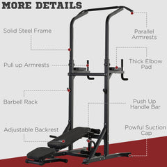 HOMCOM Pull Up Station with Adjustable Weight Bench, Dip Station and Barbell Rack, Multi-Function Power Tower Free Standing Pull Up Bar for Home Gym