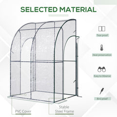 Outsunny Outdoor Walk-In Lean to Wall Tunnel Greenhouse w/ Zippered Roll Up Door PVC Cover, Clear, Green 143cm x 118cm x 212cm