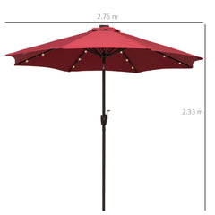 Outsunny â2.7m Garden 24 LED Light Parasol Solar Outdoor Tilt Sun Umbrella Patio Club Party Event Manual Sun Shade w/ Hand Crank and 8 Ribs, Red