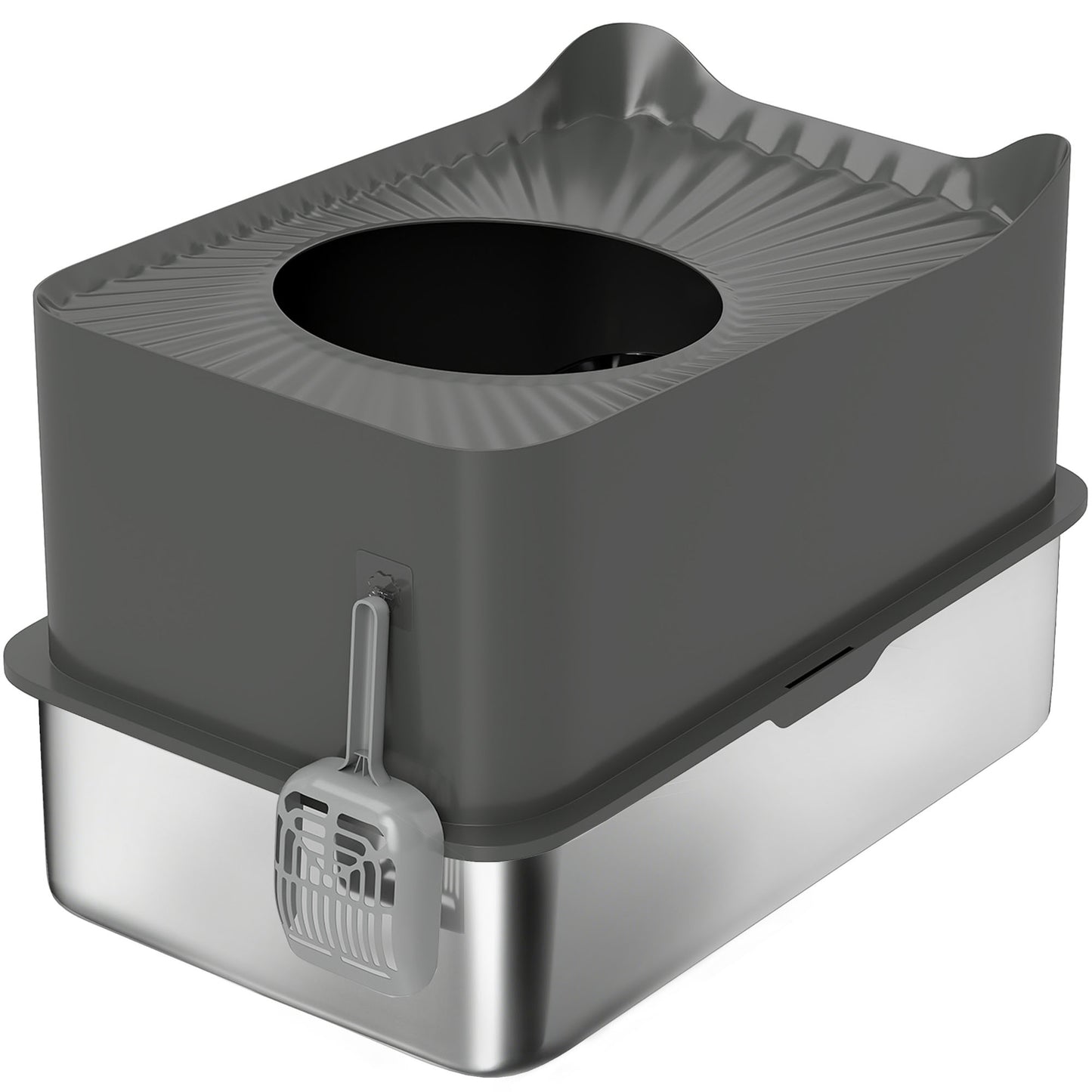 PawHut Stainless Steel Cat Litter Tray, Extra Large Enclosed Litter Box with Scoop, Top Entrance, Non-slip Pads, Dark Grey