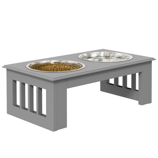 PawHut Raised Dog Feeding Bowls with Stand, Stainless Steel for Extra Small and Small Dog, 44L x 24W x 15H cm - Grey