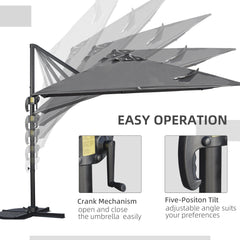 Outsunny 2.7 x 2.7 m Cantilever Parasol, Square Overhanging Umbrella with Cross Base, Crank Handle, Tilt, 360√Ç¬∞ Rotation and Aluminium Frame, Dark Grey