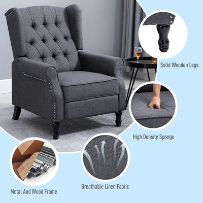 160° Reclining Armchair Single Sofa W/ Retractable Footrest Linen Deep Grey