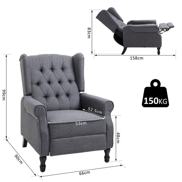 160° Reclining Armchair Single Sofa W/ Retractable Footrest Linen Deep Grey