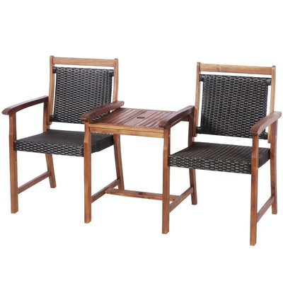 3 Pieces Wooden Furniture Set with Umbrella Hole for Outdoor