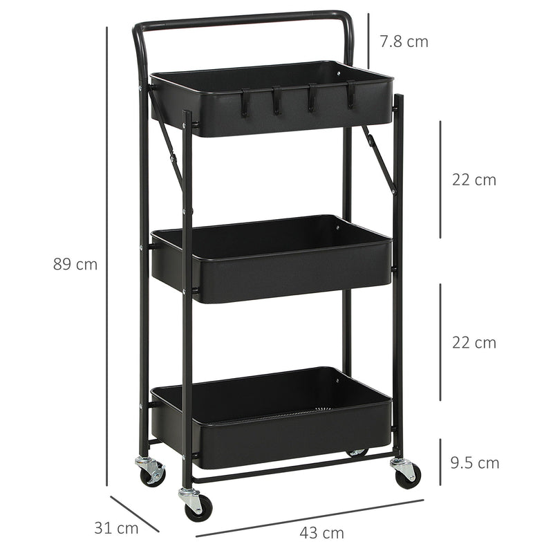 HOMCOM 3 Tier Storage Trolley Cart, Foldable Rolling Utility Cart with 3 Mesh Baskets, 4 Removable Hooks for Living Room, Laundry and Kitchen, Black