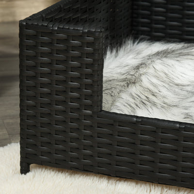 PawHut Rattan Dog Cat Bed Four Feet Pet House Hand-knitted Metal Small Animal Sofa Rattan with Soft Machine Washable Cushion Black 61L x 46W x 27H cm