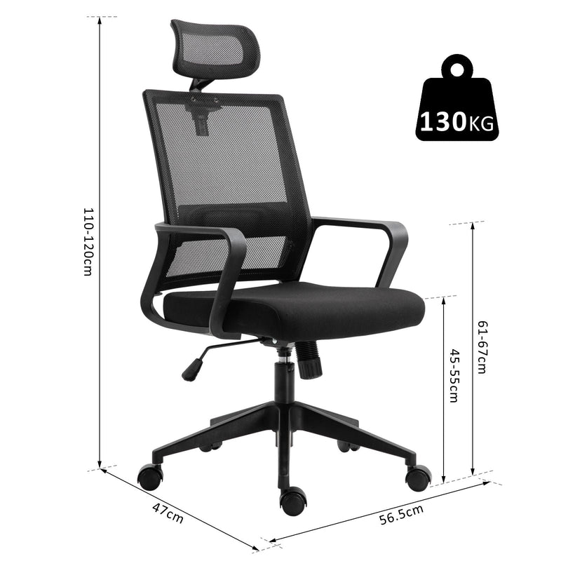 HOMCOM Mesh Swivel Office Chair with Adjustable Headrest, Lumbar Support, Home Task High Back Chair Adjustable Height, Black