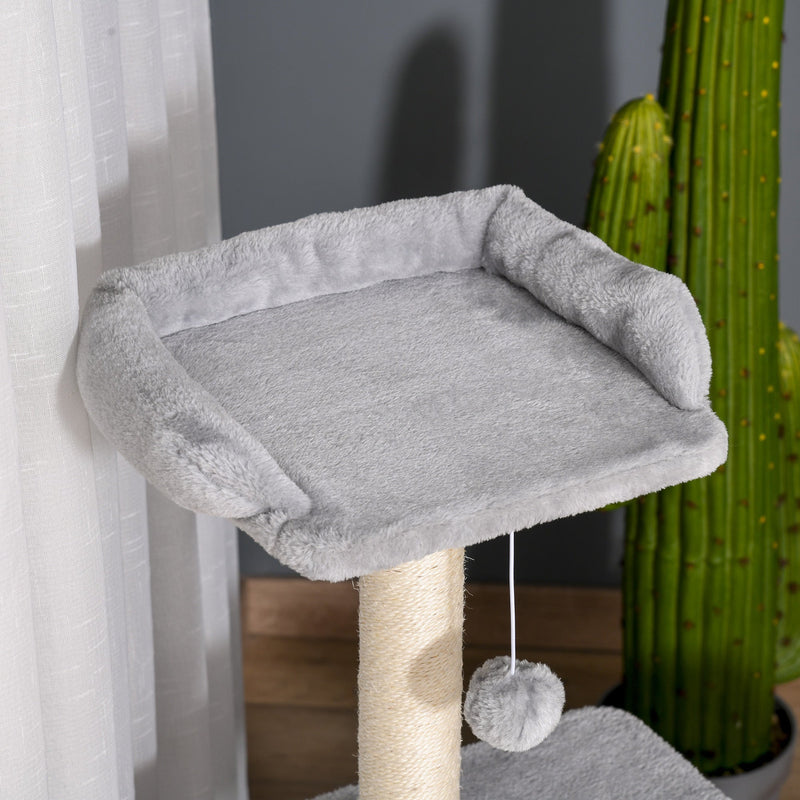 PawHut Cat tree Tower 114cm Climbing Activity Centre Kitten with Sisal Scratching Post Perch Hanging Ball Condo Toy Light Grey